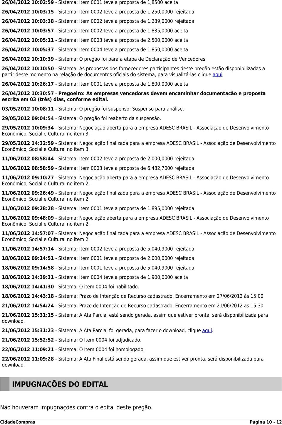 835,0000 aceita 26/04/2012 10:05:11 - Sistema: Item 0003 teve a proposta de 2.500,0000 aceita 26/04/2012 10:05:37 - Sistema: Item 0004 teve a proposta de 1.