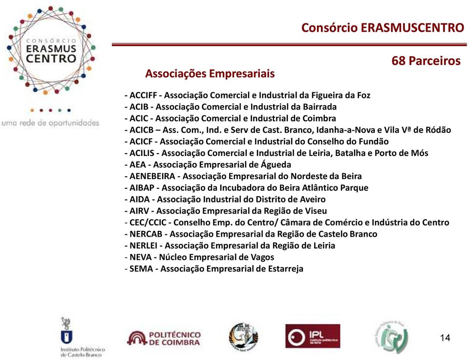 Branco, Idanha-a-Nova e Vila Vª de Ródão - ACICF - Associação Comercial e Industrial do Conselho do Fundão -ACILIS-Associação Comercial e Industrial de Leiria, Batalha e Porto de Mós - AEA -