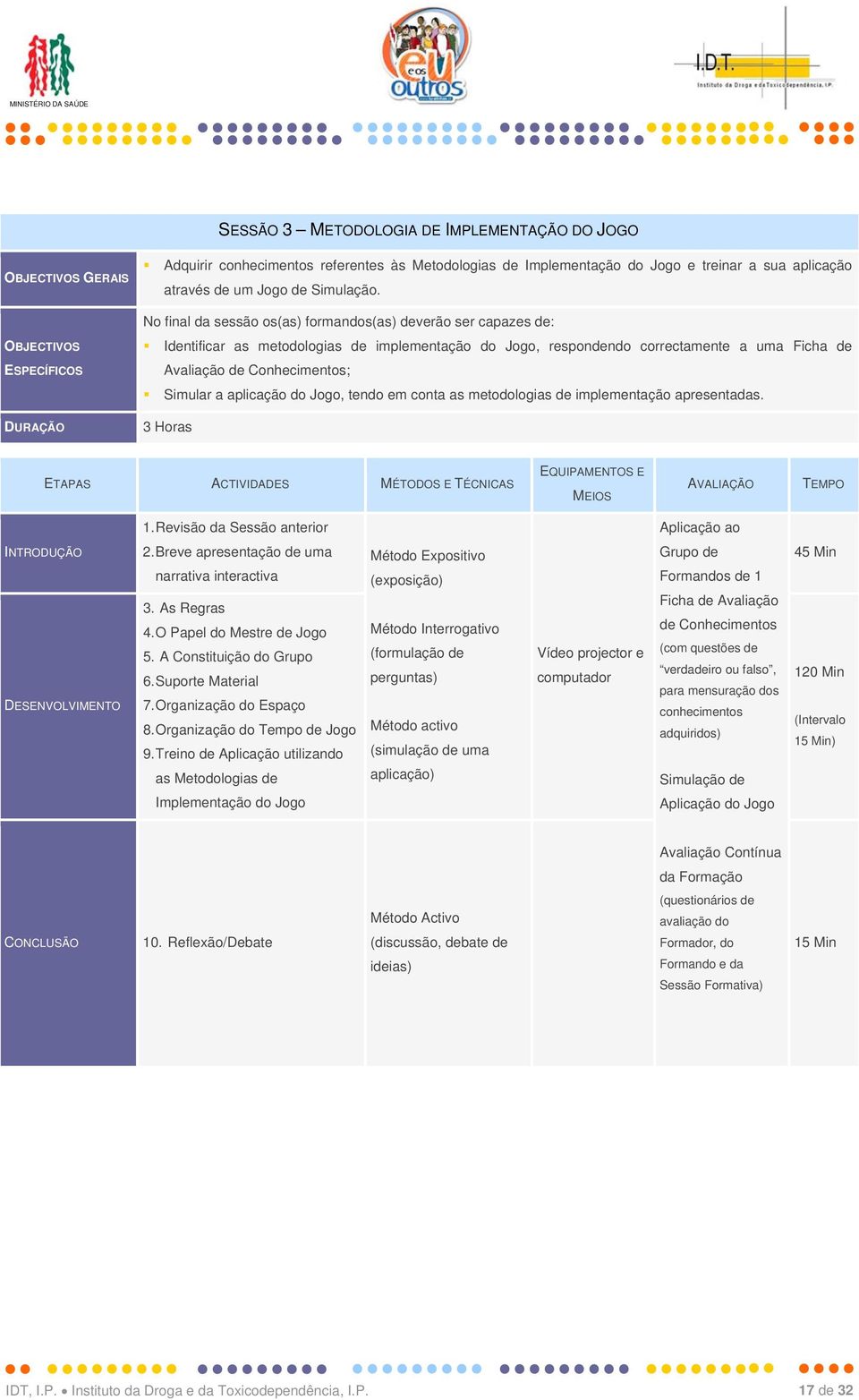 aplicação do Jogo, tendo em conta as metodologias de implementação apresentadas. 3 Horas 1. Revisão da Sessão anterior Aplicação ao INTRODUÇÃO DESENVOLVIMENTO 2.