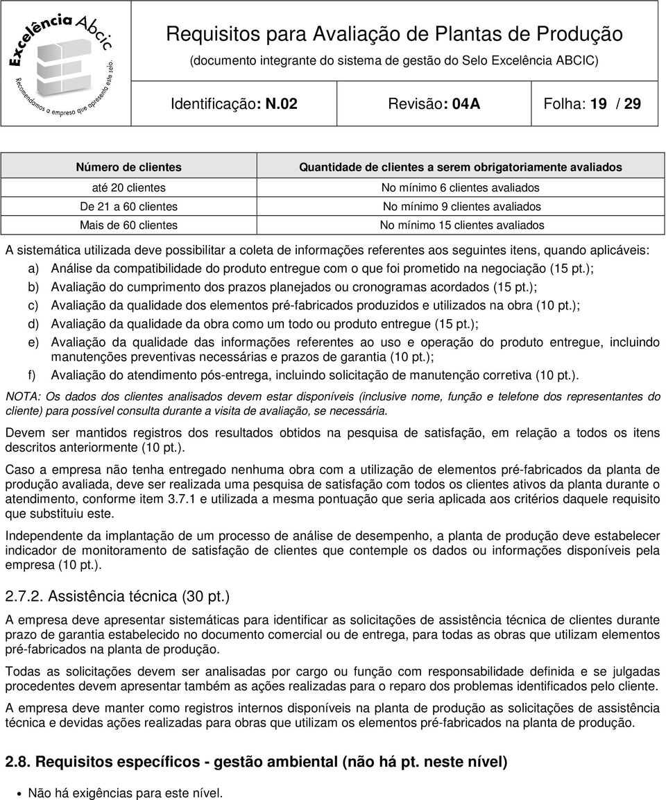 mínimo 9 clientes avaliados No mínimo 15 clientes avaliados A sistemática utilizada deve possibilitar a coleta de informações referentes aos seguintes itens, quando aplicáveis: a) Análise da