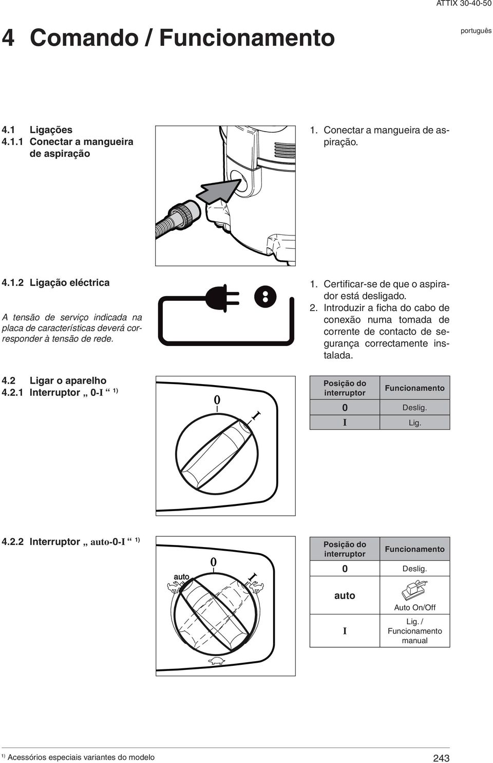 2 Ligar o aparelho 4.2.1 Interruptor 0-I Posição do interruptor Funcionamento 0 Deslig. I Lig. 4.2.2 Interruptor auto-0-i Posição do interruptor Funcionamento auto 0 Deslig.