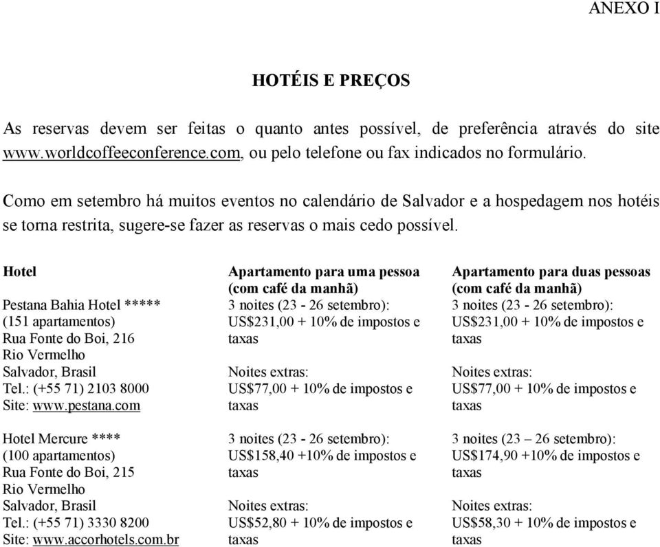 Hotel Pestana Bahia Hotel ***** (151 apartamentos) Rua Fonte do Boi, 216 Rio Vermelho Salvador, Brasil Tel.: (+55 71) 2103 8000 Site: www.pestana.