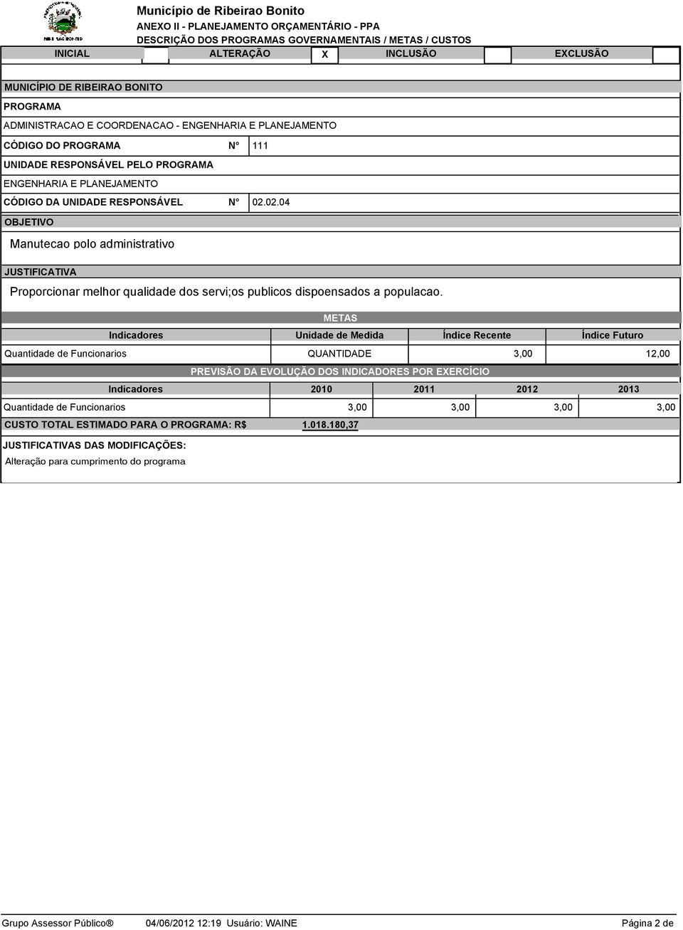 02.04 Manutecao polo administrativo Proporcionar melhor qualidade dos servi;os publicos dispoensados a