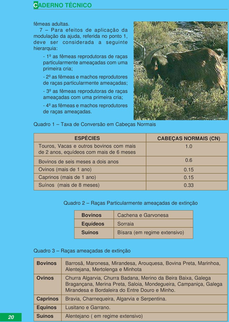 cria; - 2º as fêmeas e machos reprodutores de raças particularmente ameaçadas; - 3º as fêmeas reprodutoras de raças ameaçadas com uma primeira cria; - 4º as fêmeas e machos reprodutores de raças