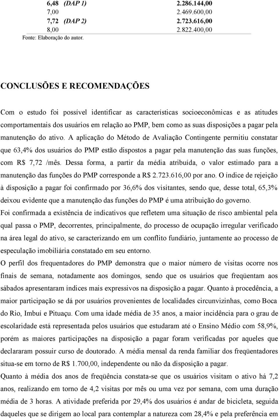 pela manutenção do ativo. A aplicação do Método de Avaliação Contingente permitiu constatar que 63,4% dos usuários do PMP estão dispostos a pagar pela manutenção das suas funções, com R$ 7,72 /mês.