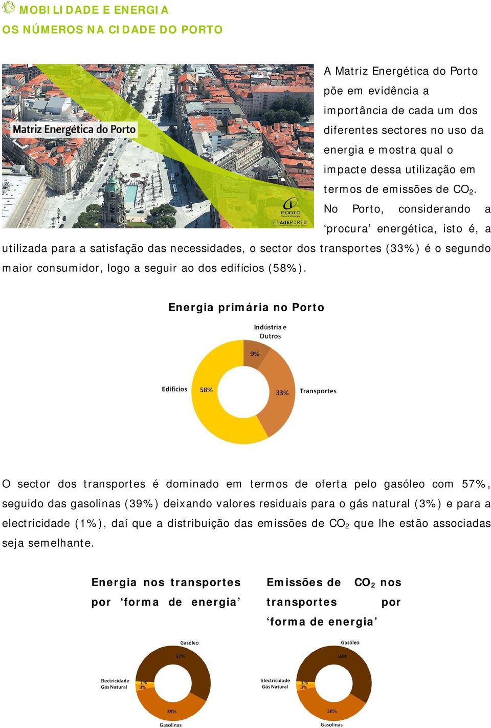 No Porto, considerando a procura energética, isto é, a utilizada para a satisfação das necessidades, o sector dos transportes (33%) é o segundo maior consumidor, logo a seguir ao dos edifícios (58%).