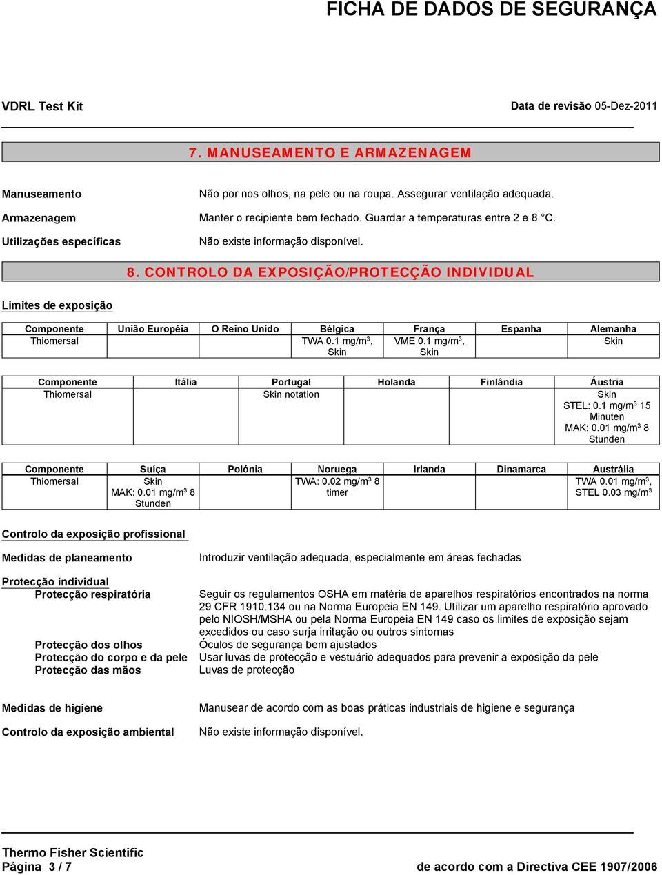 1 mg/m 3, VME 0.1 mg/m 3, Componente Itália Portugal Holanda Finlândia Áustria Thiomersal notation STEL: 0.1 mg/m 3 15 Minuten MAK: 0.