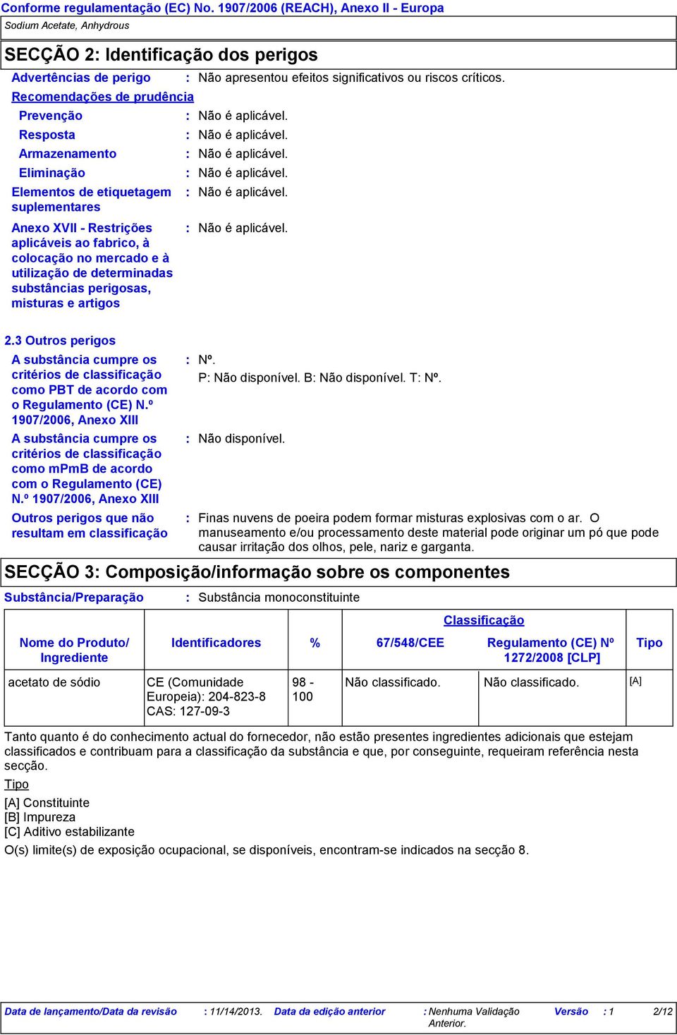 3 Outros perigos A substância cumpre os critérios de classificação como PBT de acordo com o Regulamento (CE) N.