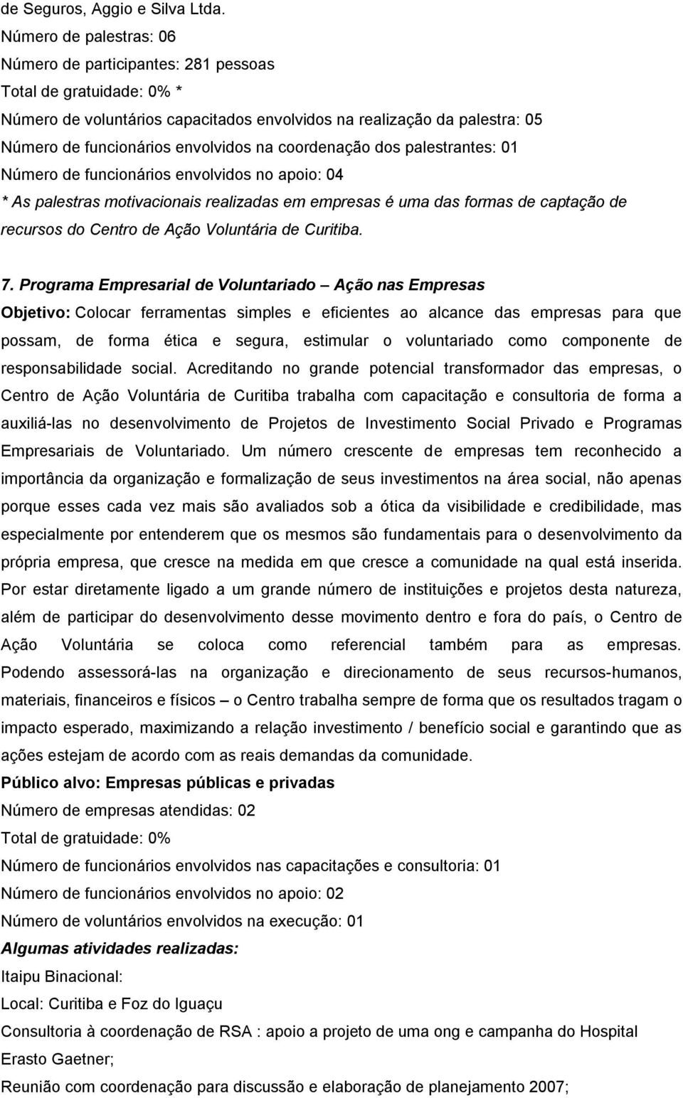 coordenação dos palestrantes: 01 Número de funcionários envolvidos no apoio: 04 * As palestras motivacionais realizadas em empresas é uma das formas de captação de recursos do Centro de Ação