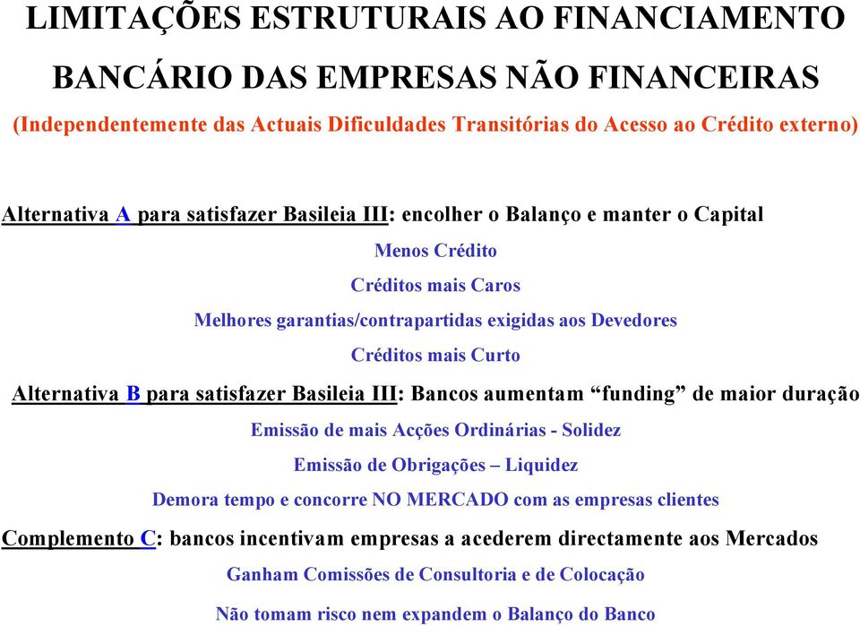 para satisfazer Basileia III: Bancos aumentam funding de maior duração Emissão de mais Acções Ordinárias - Solidez Emissão de Obrigações Liquidez Demora tempo e concorre NO MERCADO com as