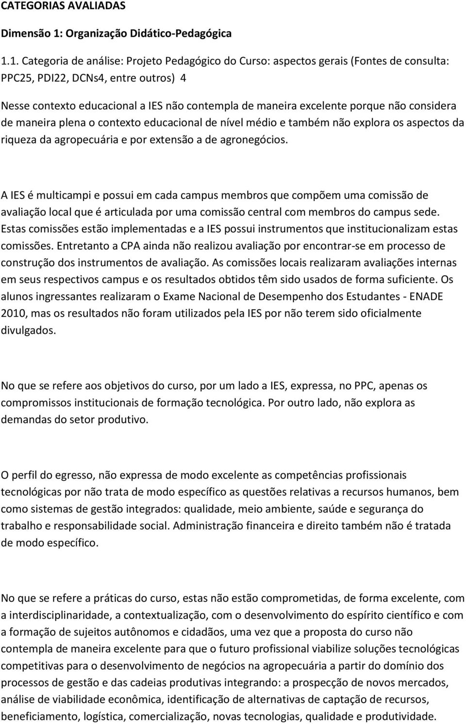 1. Categoria de análise: Projeto Pedagógico do Curso: aspectos gerais (Fontes de consulta: PPC25, PDI22, DCNs4, entre outros) 4 Nesse contexto educacional a IES não contempla de maneira excelente