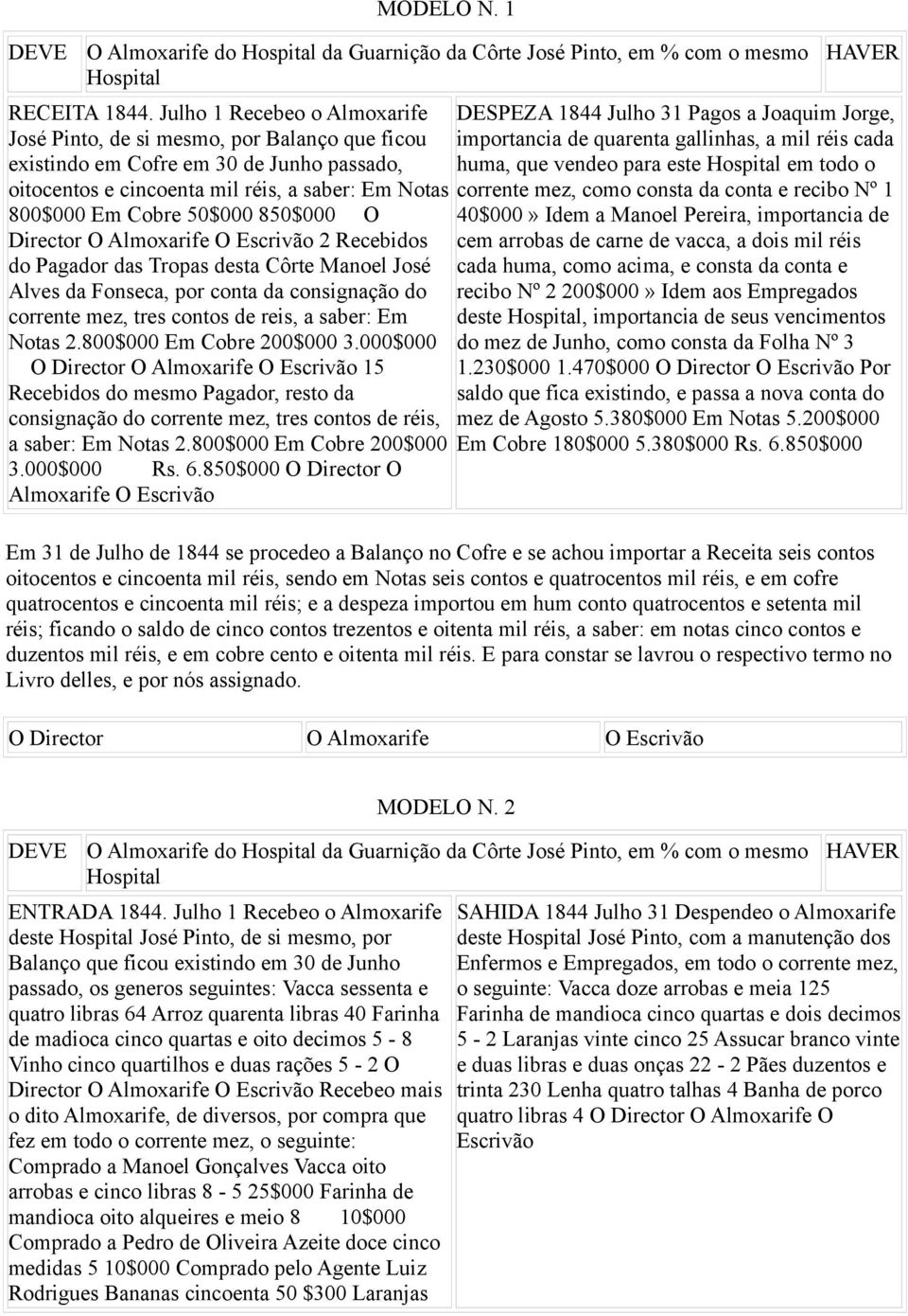 a mil réis cada huma, que vendeo para este Hospital em todo o oitocentos e cincoenta mil réis, a saber: Em Notas corrente mez, como consta da conta e recibo Nº 1 800$000 Em Cobre 50$000 850$000 O