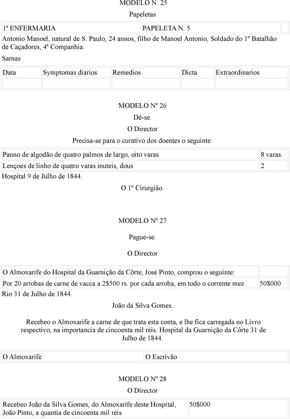 O Director Precisa-se para o curativo dos doentes o seguinte: Panno de algodão de quatro palmos de largo, oito varas 8 varas.