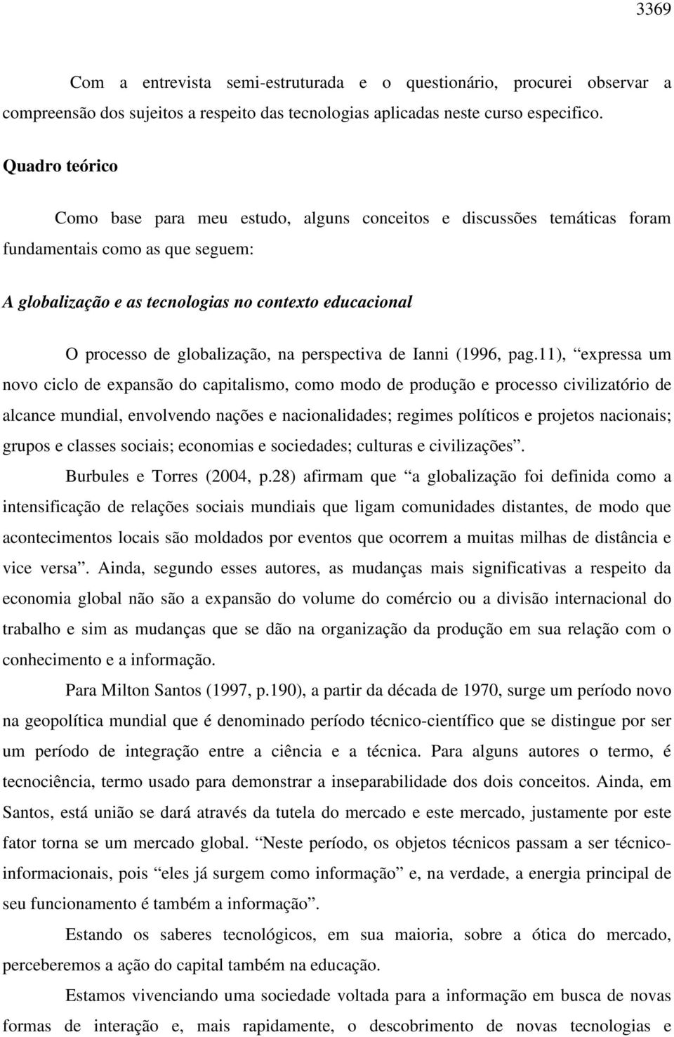 globalização, na perspectiva de Ianni (1996, pag.