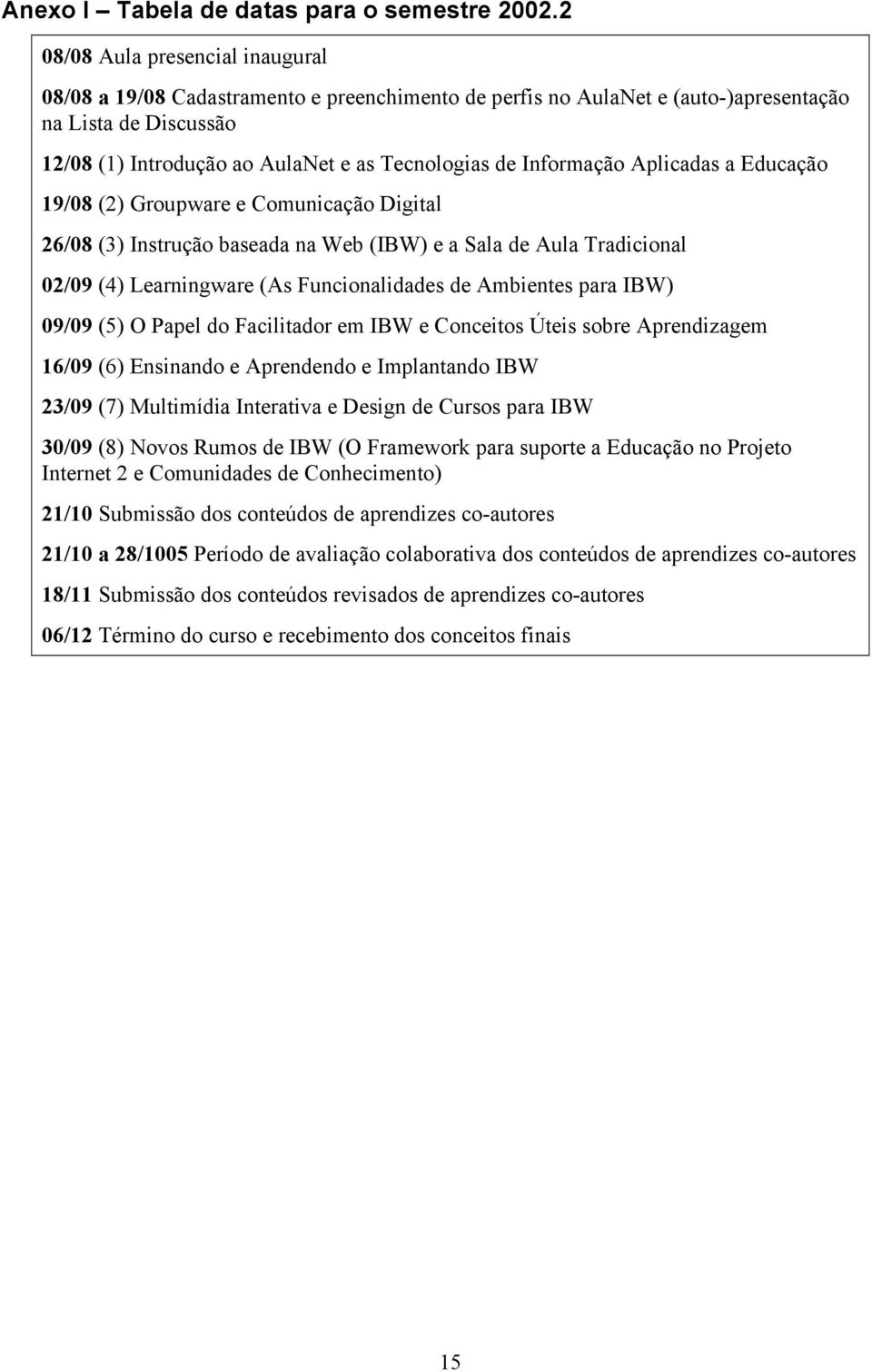 Informação Aplicadas a Educação 19/08 (2) Groupware e Comunicação Digital 26/08 (3) Instrução baseada na Web (IBW) e a Sala de Aula Tradicional 02/09 (4) Learningware (As Funcionalidades de Ambientes