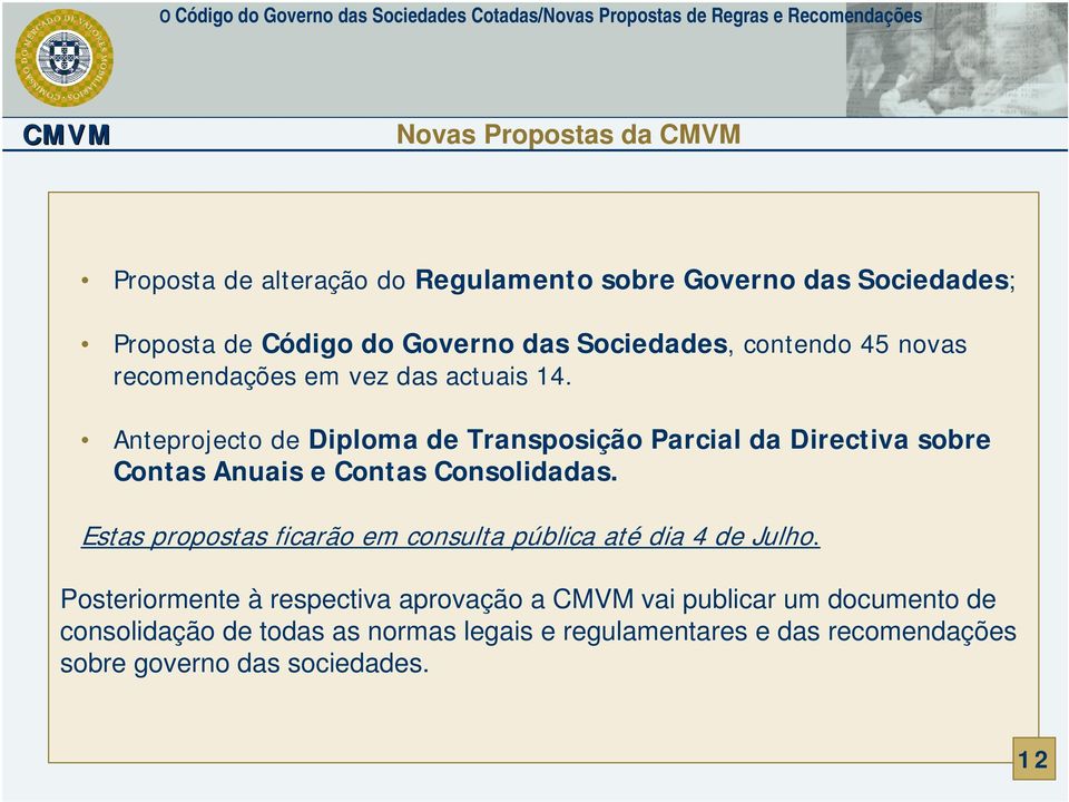 Anteprojecto de Diploma de Transposição Parcial da Directiva sobre Contas Anuais e Contas Consolidadas.