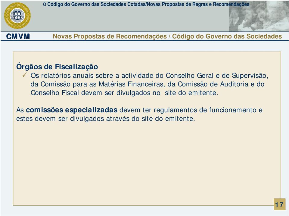 Comissão para as Matérias Financeiras, da Comissão de Auditoria e do Conselho Fiscal devem ser divulgados no site do emitente.