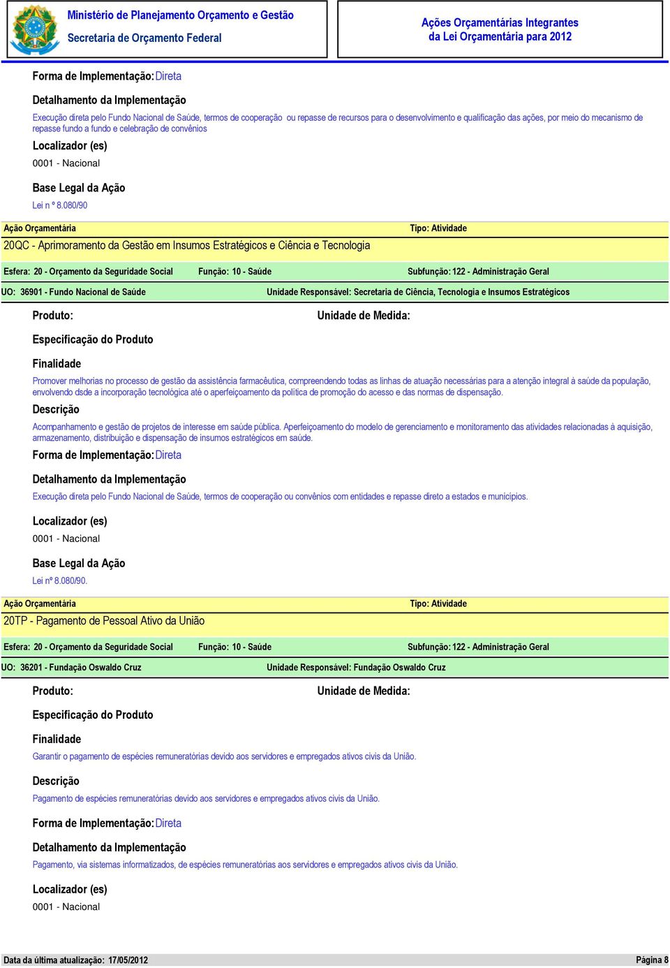 080/90 20QC - Aprimoramento da Gestão em Insumos Estratégicos e Ciência e Tecnologia UO: Unidade Responsável: Secretaria de Ciência, Tecnologia e Insumos Estratégicos Promover melhorias no processo