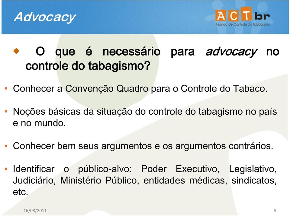 Noções básicas da situação do controle do tabagismo no país e no mundo.