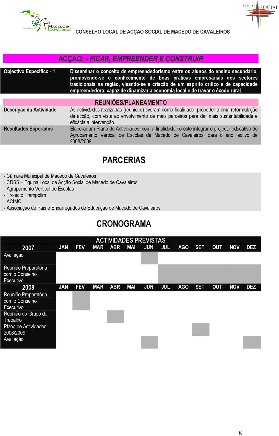 REUNIÕES/PLANEAMENTO As actividades realizadas (reuniões) tiveram como finalidade proceder a uma reformulação da acção, com vista ao envolvimento de mais parceiros para dar mais sustentabilidade e