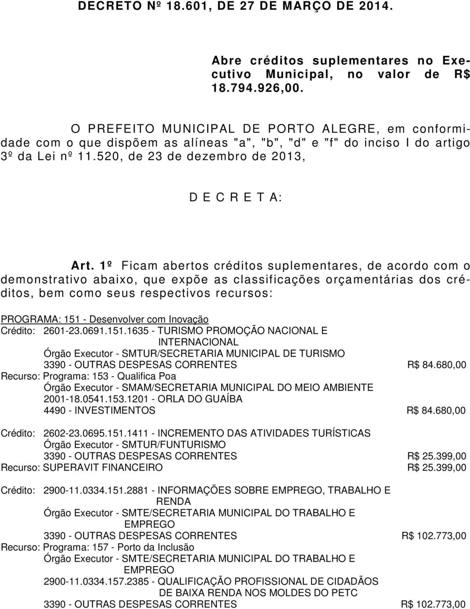 1º Ficam abertos créditos suplementares, de acordo com o demonstrativo abaixo, que expõe as classificações orçamentárias dos créditos, bem como seus respectivos recursos: PROGRAMA: 151 - Desenvolver