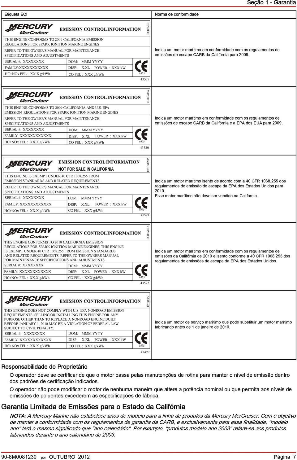 XL POWER CO FEL : XXX g/kwh : XXX kw 0575 43519 Indica um motor marítimo em conformidade com os regulamentos de emissões de escape CARB da Califórnia para 2009.