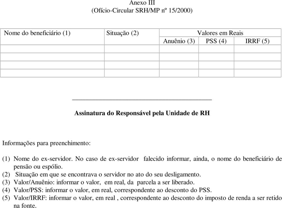 (2) Situação em que se encontrava o servidor no ato do seu desligamento. (3) Valor/Anuênio: informar o valor, em real, da parcela a ser liberado.