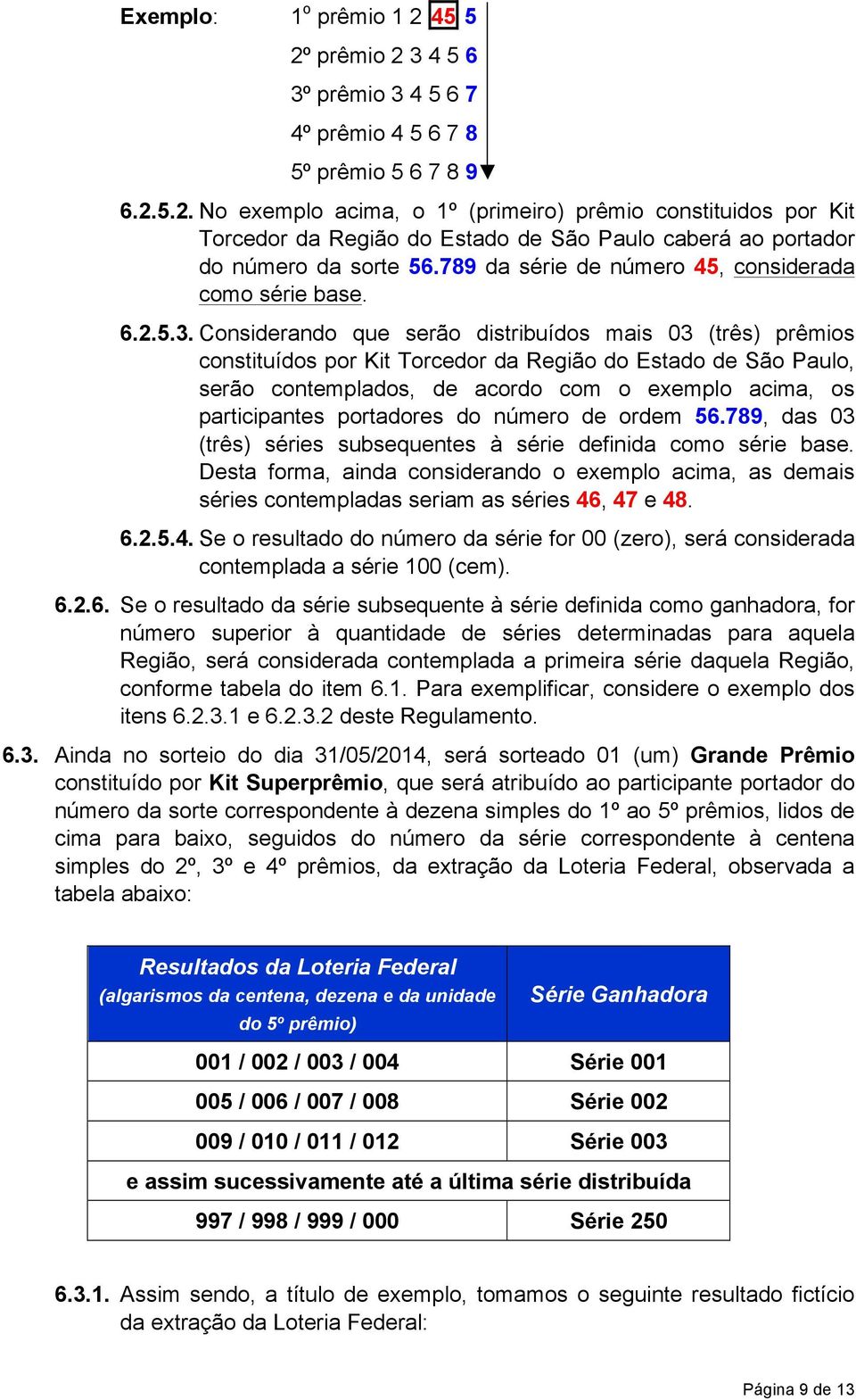 Considerando que serão distribuídos mais 03 (três) prêmios constituídos por Kit Torcedor da Região do Estado de São Paulo, serão contemplados, de acordo com o exemplo acima, os participantes