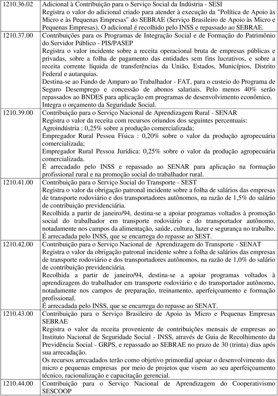 (Serviço Brasileiro de Apoio às Micro e Pequenas Empresas). O adicional é recolhido pelo INSS e repassado ao SEBRAE. 1210.37.