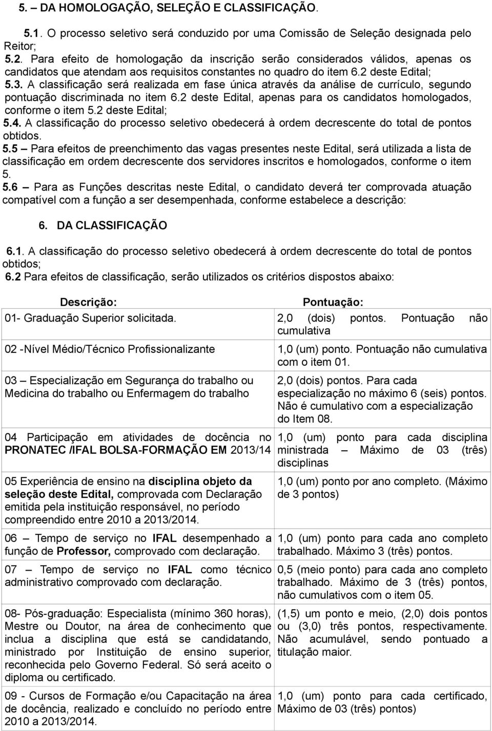 A classificação será realizada em fase única através da análise de currículo, segundo pontuação discriminada no item 6.2 deste Edital, apenas para os candidatos homologados, conforme o item 5.