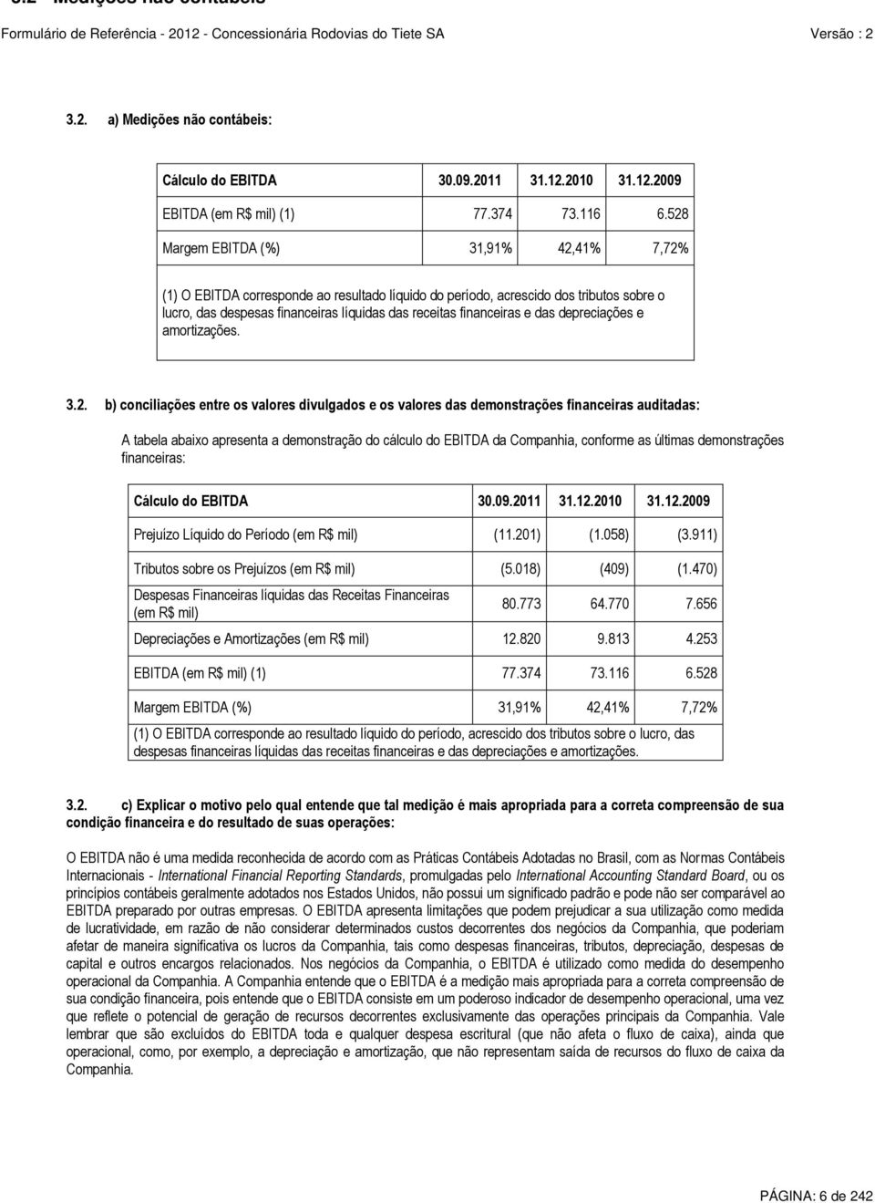 528 Margem EBITDA (%) 31,91% 42,41% 7,72% (1) O EBITDA corresponde ao resultado líquido do período, acrescido dos tributos sobre o lucro, das despesas financeiras líquidas das receitas financeiras e