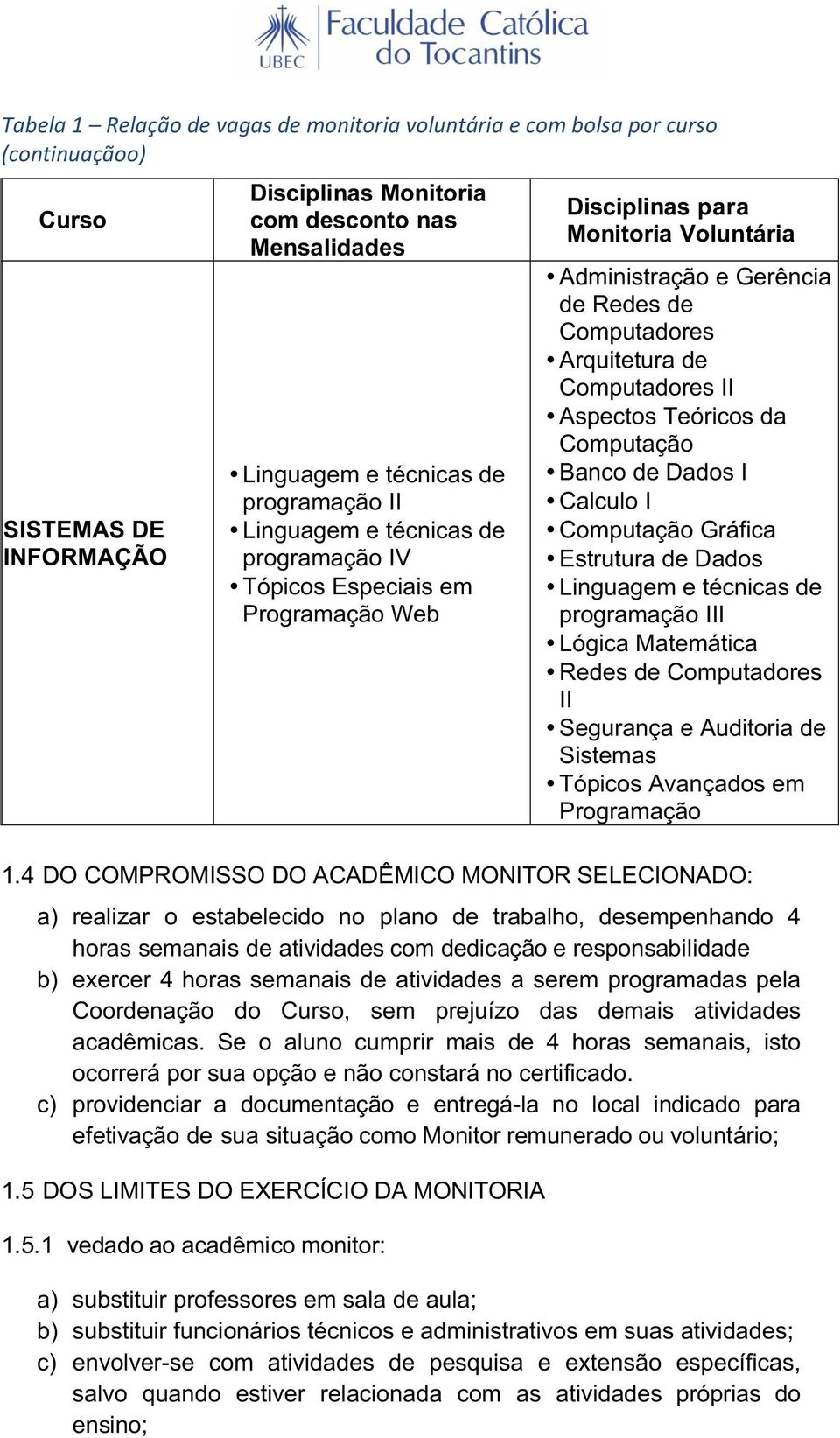 Disciplinas#para# Monitoria#Voluntária AdministraçãoeGerência deredesde Computadores Arquiteturade ComputadoresII AspectosTeóricosda Computação BancodeDadosI CalculoI ComputaçãoGráfica