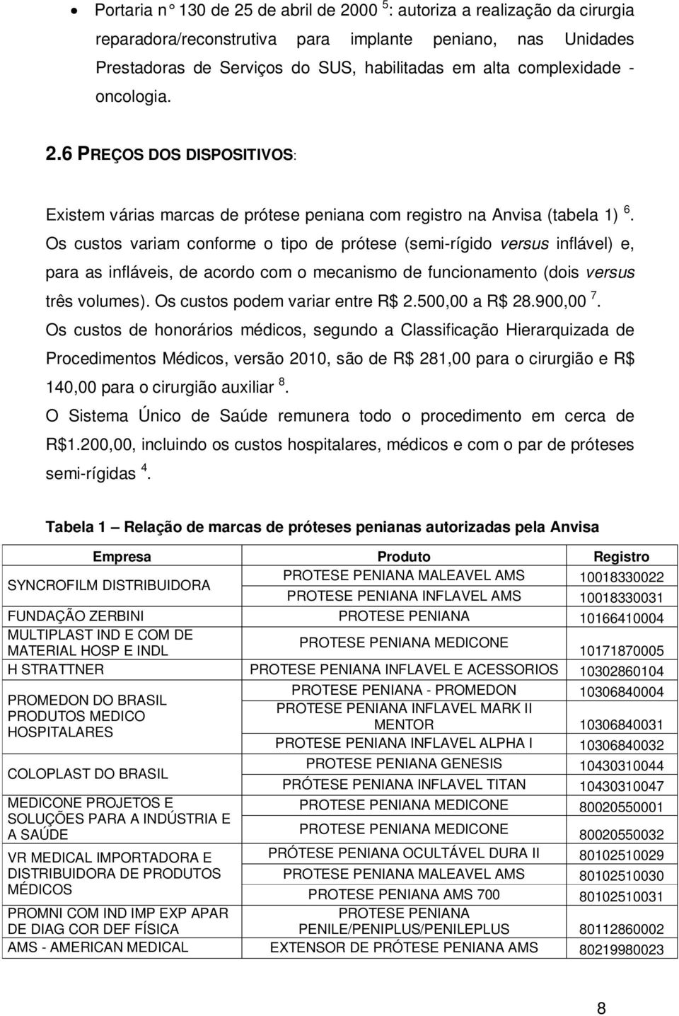 Os custos variam conforme o tipo de prótese (semi-rígido versus inflável) e, para as infláveis, de acordo com o mecanismo de funcionamento (dois versus três volumes).