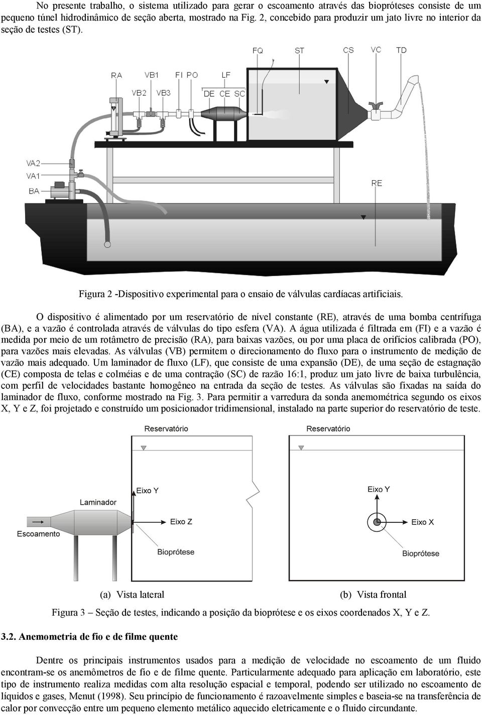 O dispositivo é alimentado por um reservatório de nível constante (RE), através de uma bomba centrífuga (BA), e a vazão é controlada através de válvulas do tipo esfera (VA).