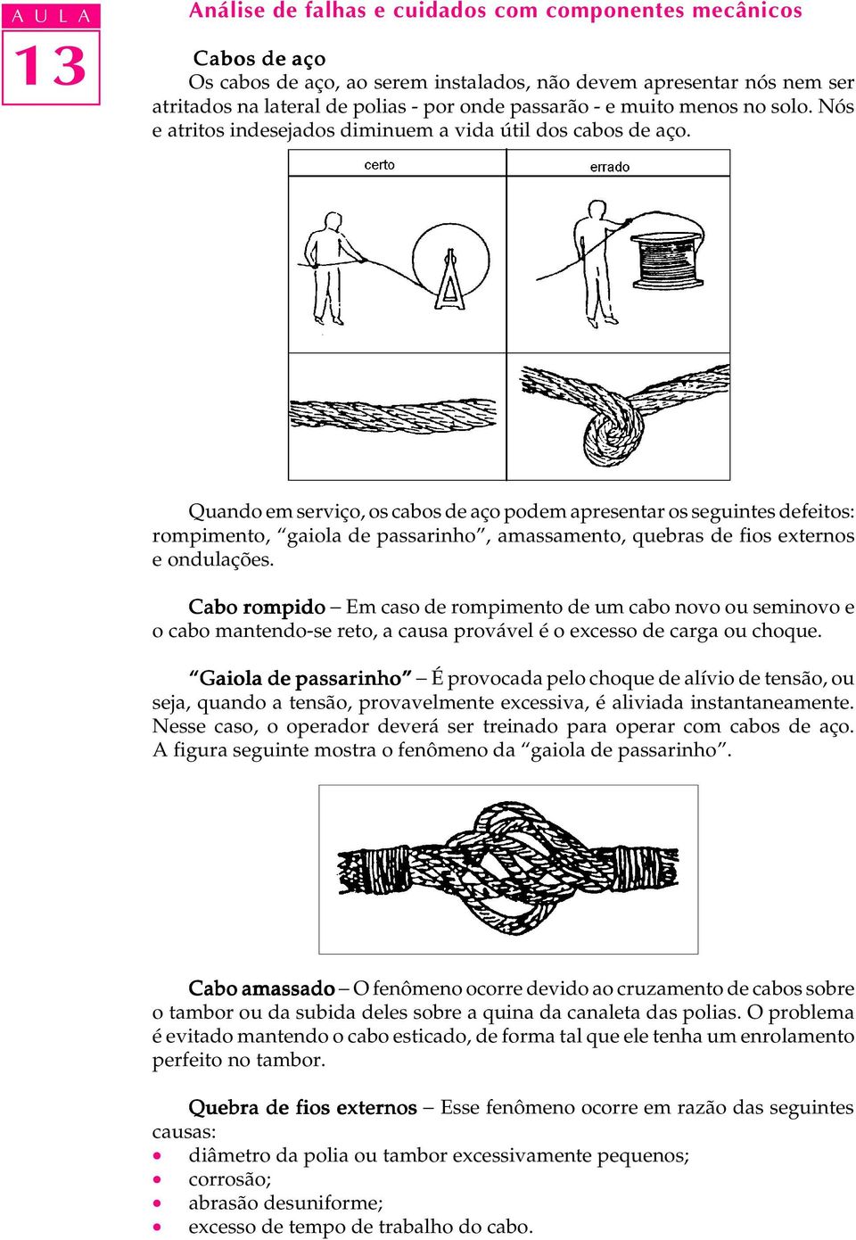 Quando em serviço, os cabos de aço podem apresentar os seguintes defeitos: rompimento, gaiola de passarinho, amassamento, quebras de fios externos e ondulações.