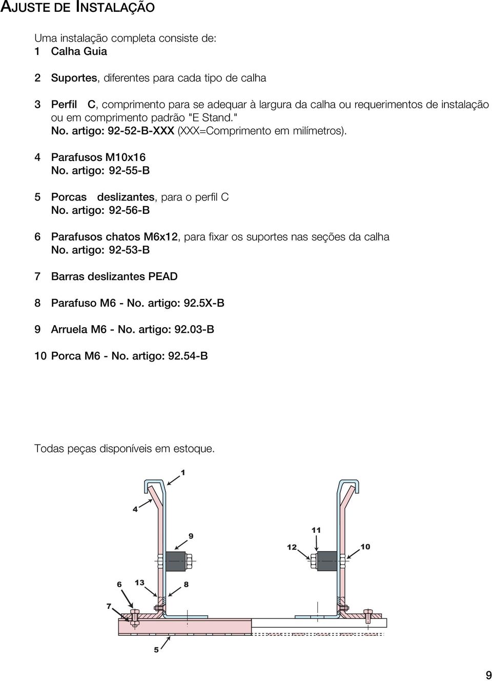 artigo: 92-55-B 5 Porcas deslizantes, para o perfil C No. artigo: 92-56-B 6 Parafusos chatos M6x12, para fixar os suportes nas seções da calha No.