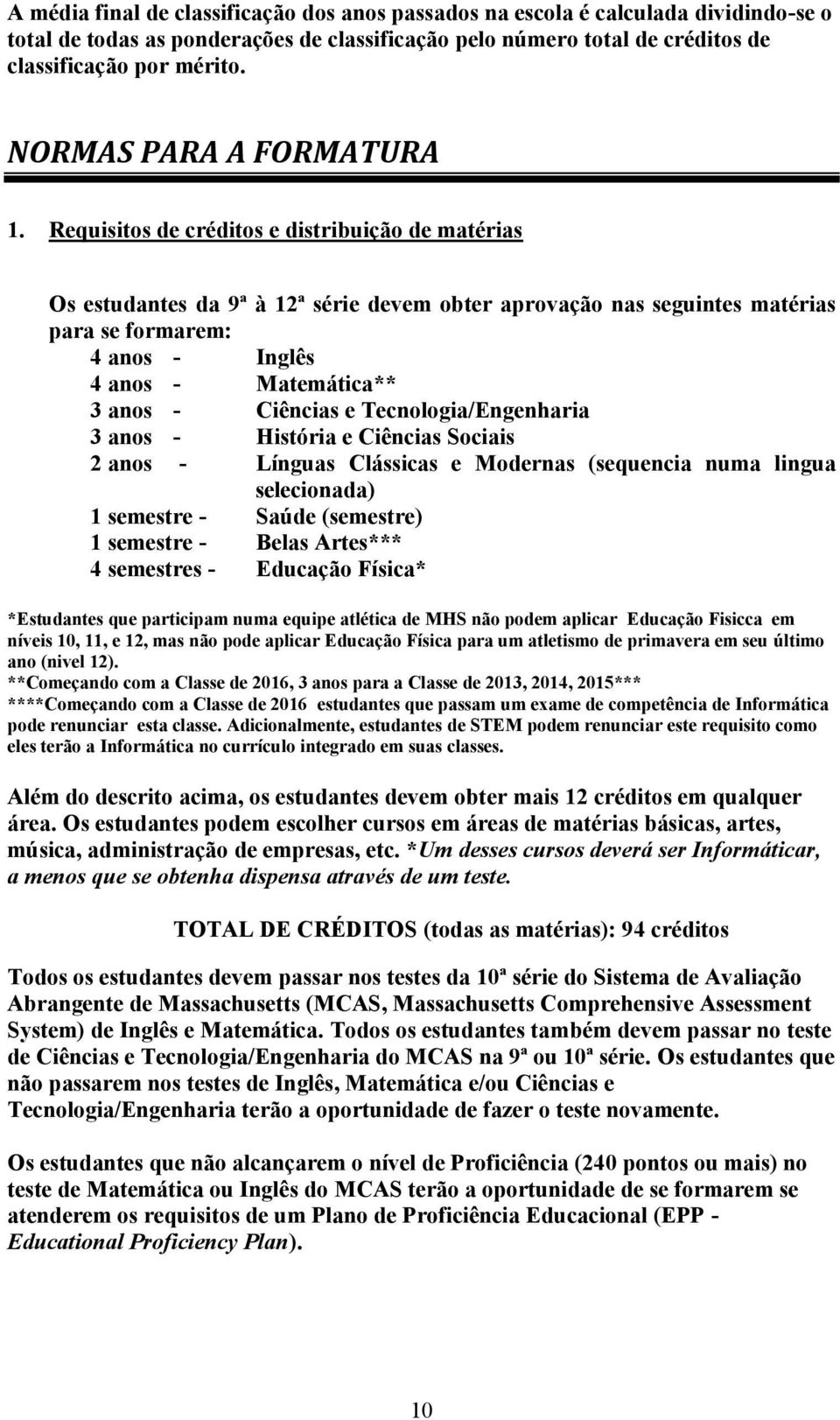 Requisitos de créditos e distribuição de matérias Os estudantes da 9ª à 12ª série devem obter aprovação nas seguintes matérias para se formarem: 4 anos - Inglês 4 anos - Matemática** 3 anos -