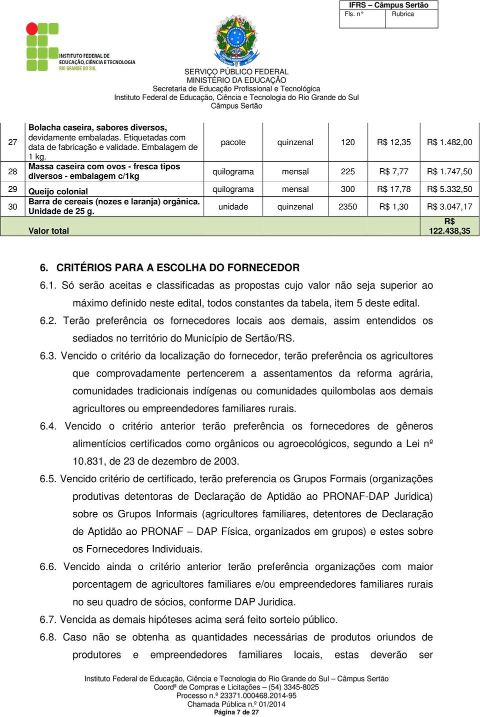 747,50 29 Queijo colonial quilograma mensal 300 R$ 17,78 R$ 5.332,50 30 Barra de cereais (nozes e laranja) orgânica. Unidade de 25 g. Valor total unidade quinzenal 2350 R$ 1,30 R$ 3.047,17 R$ 122.