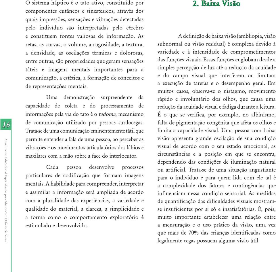 As retas, as curvas, o volume, a rugosidade, a textura, a densidade, as oscilações térmicas e dolorosas, entre outras, são propriedades que geram sensações táteis e imagens mentais importantes para a