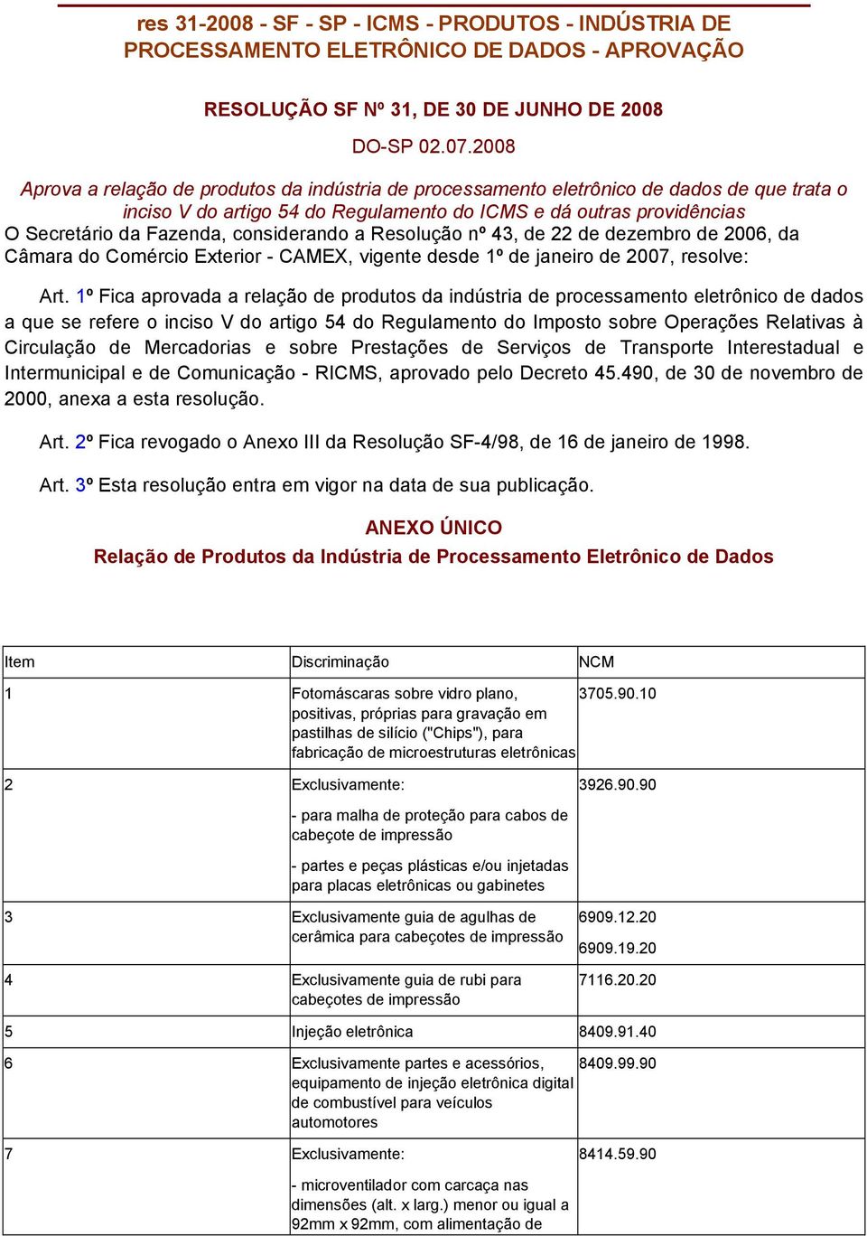 considerando a Resolução nº 43, de 22 de dezembro de 2006, da Câmara do Comércio Exterior - CAMEX, vigente desde 1º de janeiro de 2007, resolve: Art.