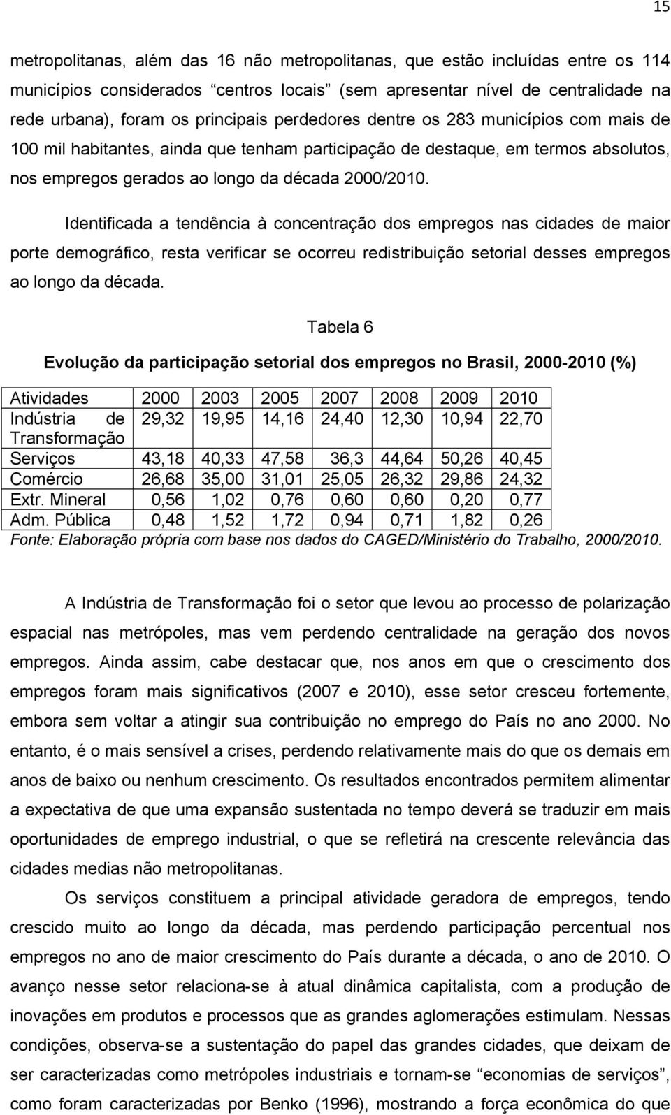 Identificada a tendência à concentração dos empregos nas cidades de maior porte demográfico, resta verificar se ocorreu redistribuição setorial desses empregos ao longo da década.