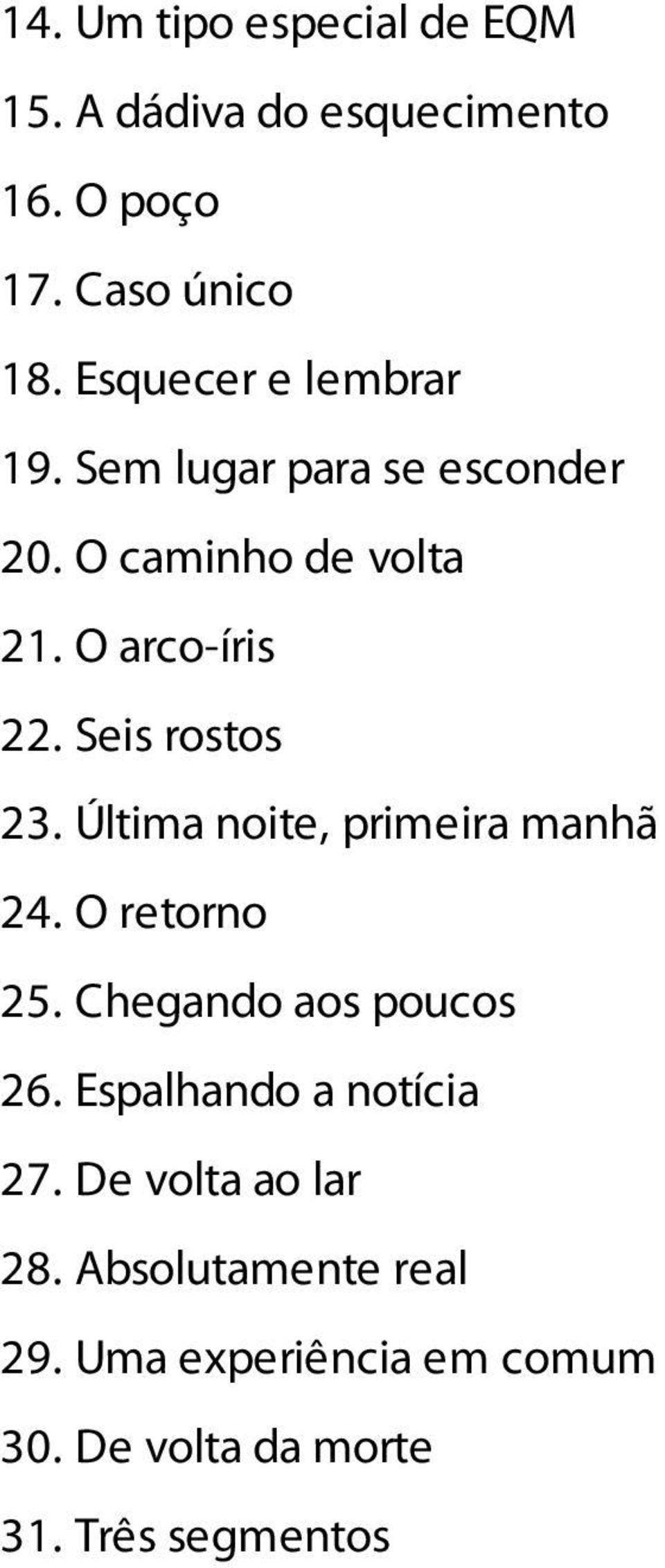 Seis rostos 23. Última noite, primeira manhã 24. O retorno 25. Chegando aos poucos 26.