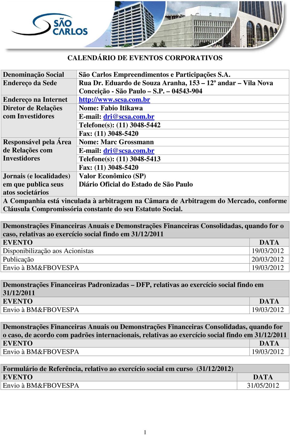 com.br Nome: Fabio Itikawa E-mail: dri@scsa.com.br Telefone(s): (11) 3048-5442 Fax: (11) 3048-5420 Nome: Marc Grossmann E-mail: dri@scsa.com.br Telefone(s): (11) 3048-5413 Fax: (11) 3048-5420 Valor