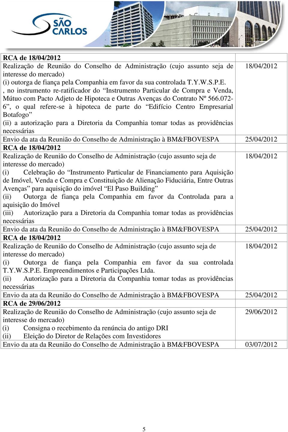 072-6, o qual refere-se à hipoteca de parte do Edifício Centro Empresarial Botafogo (ii) a autorização para a Diretoria da Companhia tomar todas as providências RCA de 18/04/2012 (i) Celebração do