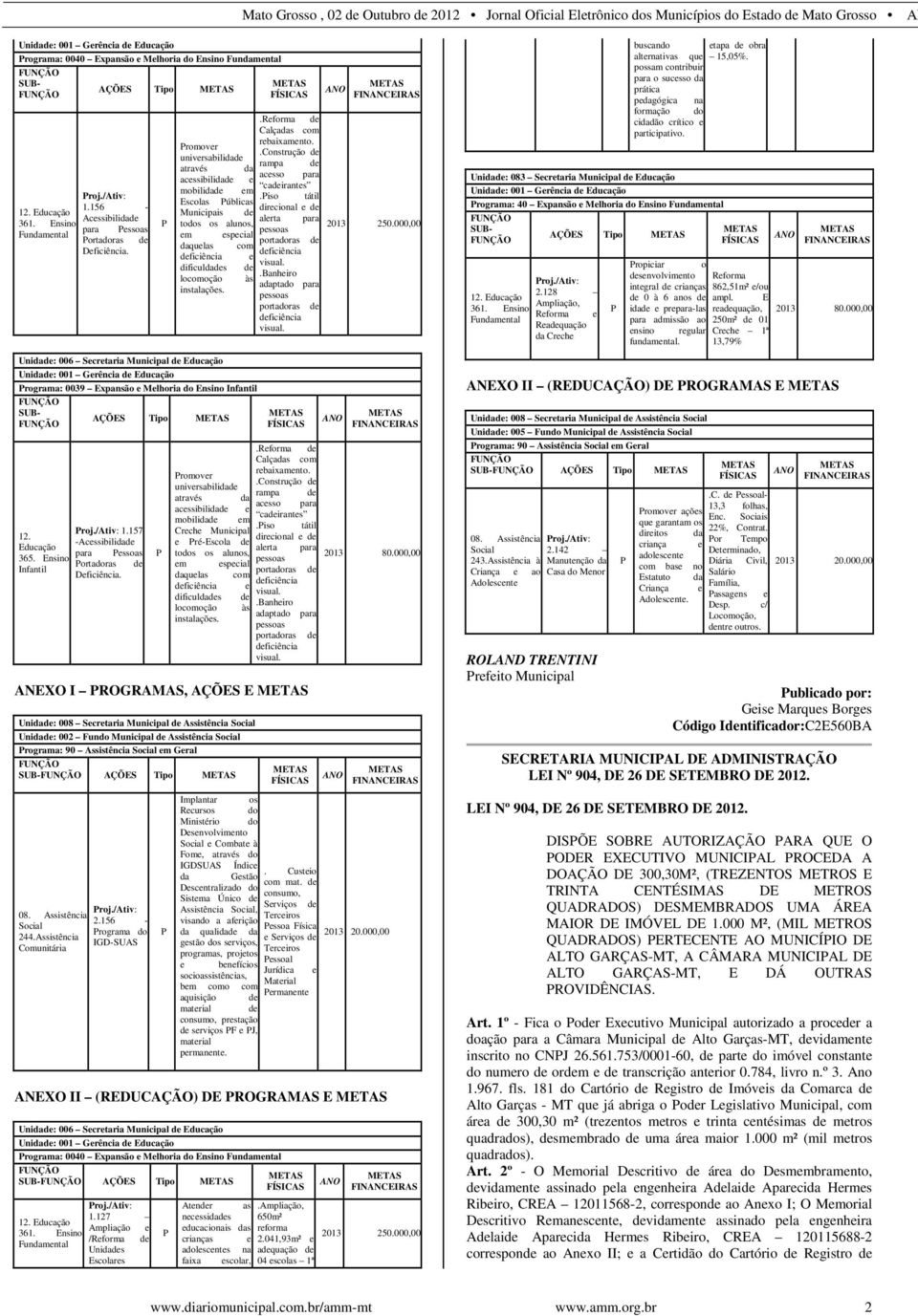 AÇÕES Tipo METAS Unidade: 006 Secretaria Municipal de Educação Unidade: 001 Gerência de Educação Programa: 0039 Expansão e Melhoria do Ensino Infantil FUNÇÃO SUB- FUNÇÃO 12. Educação 365.