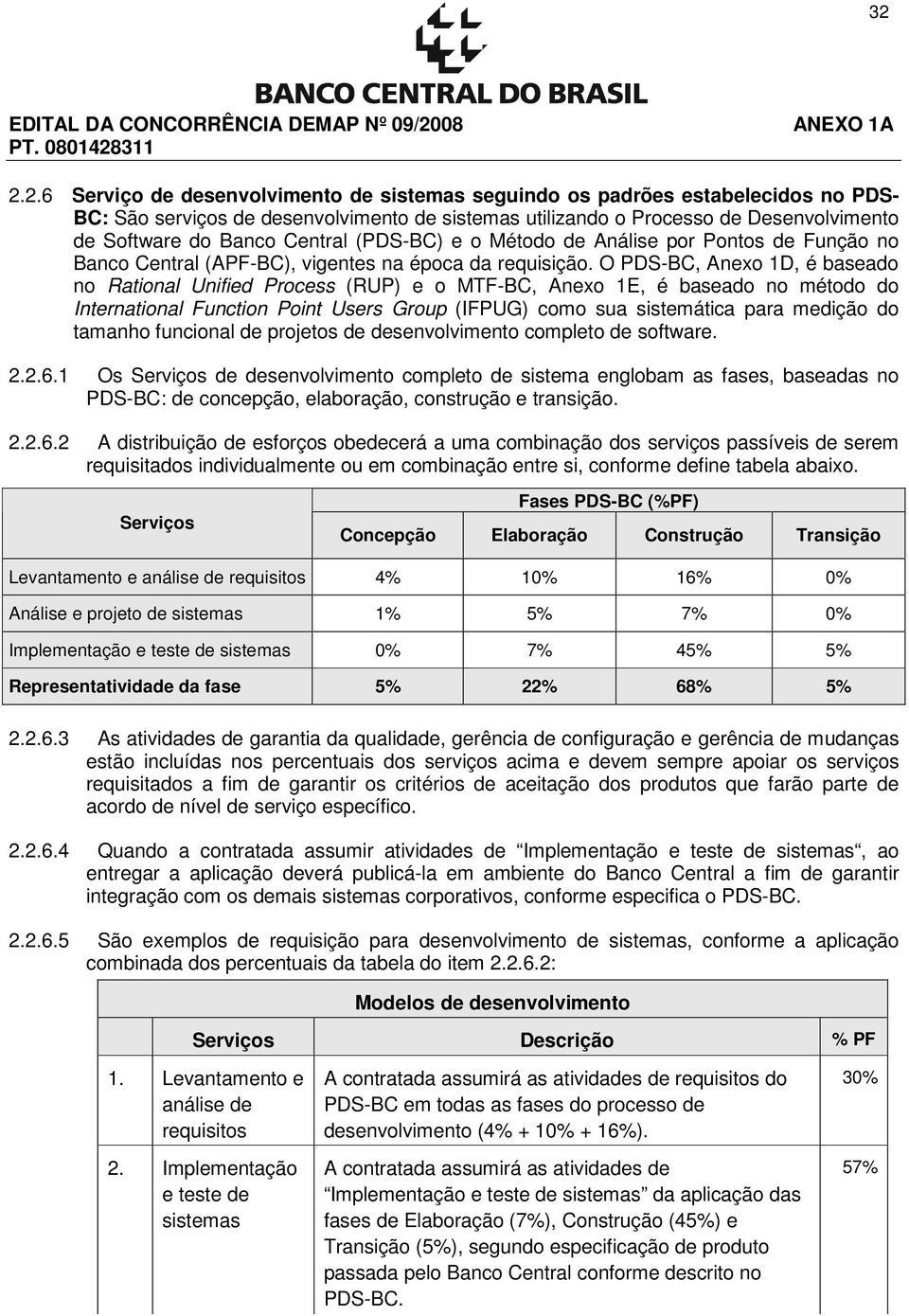 O PDS-BC, Anexo 1D, é baseado no Rational Unified Process (RUP) e o MTF-BC, Anexo 1E, é baseado no método do International Function Point Users Group (IFPUG) como sua sistemática para medição do