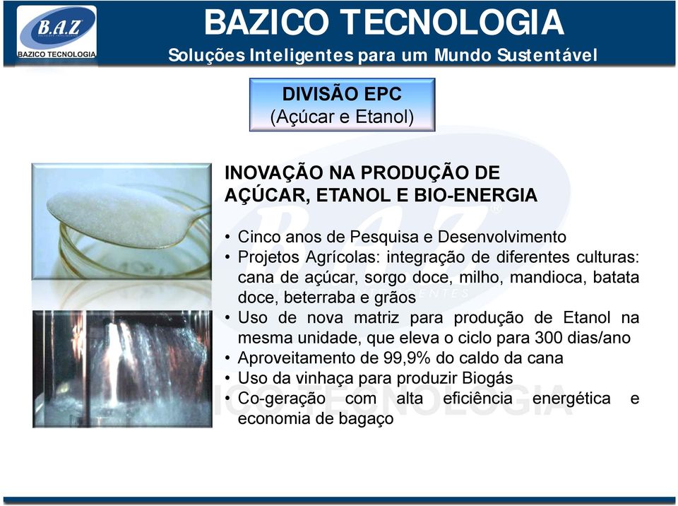 de nova matriz para produção de Etanol na mesma unidade, que eleva o ciclo para 300 dias/ano Aproveitamento de