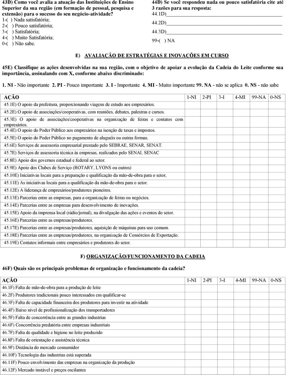 3D) E) AVALIAÇÃO DE ESTRATÉGIAS E INOVAÇÕES EM CURSO 45E) Classifique as ações desenvolvidas na sua região, com o objetivo de apoiar a evolução da Cadeia do Leite conforme sua importância,