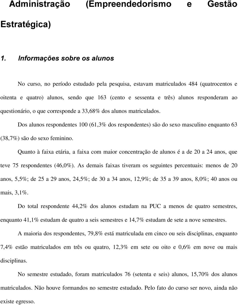 Dos alunos respondentes 100 (61,3% dos respondentes) são do sexo masculino enquanto 63 (38,7%) são do sexo feminino.