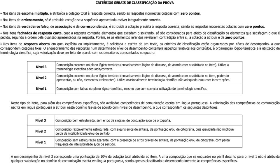 Nos itens de verdadeiro/falso, de associação e de correspondência, é atribuída a cotação prevista à resposta correcta, sendo as respostas incorrectas cotadas com zero.